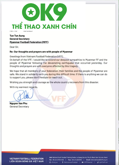 LĐBĐ Việt Nam gửi thư động viên tới LĐBĐ Myanmar